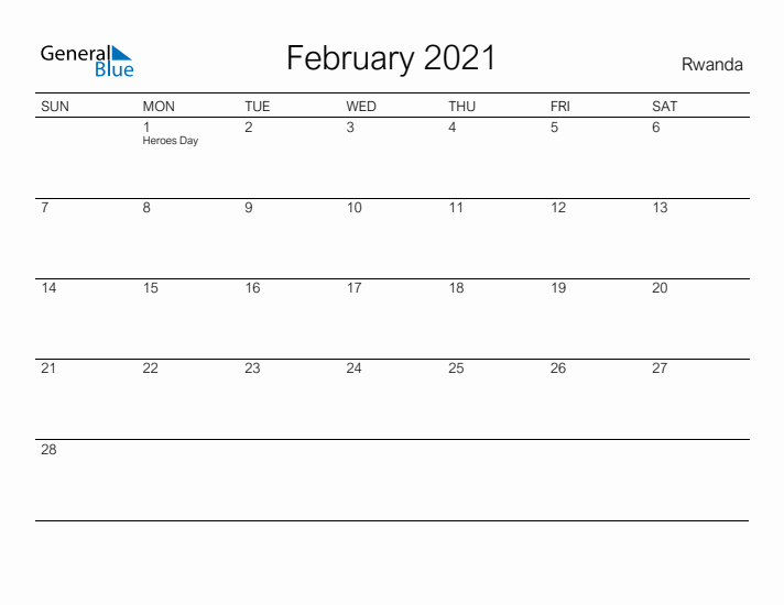 Printable February 2021 Calendar for Rwanda