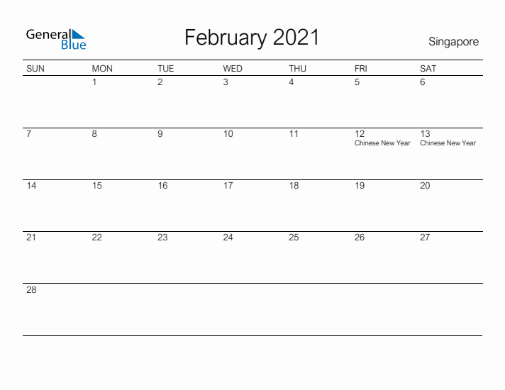 Printable February 2021 Calendar for Singapore