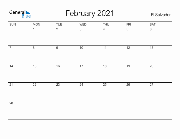 Printable February 2021 Calendar for El Salvador