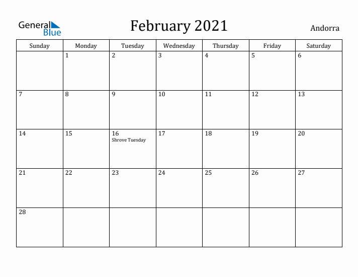 February 2021 Calendar Andorra