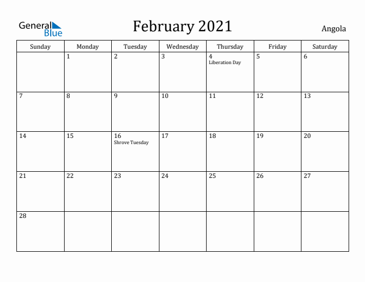 February 2021 Calendar Angola