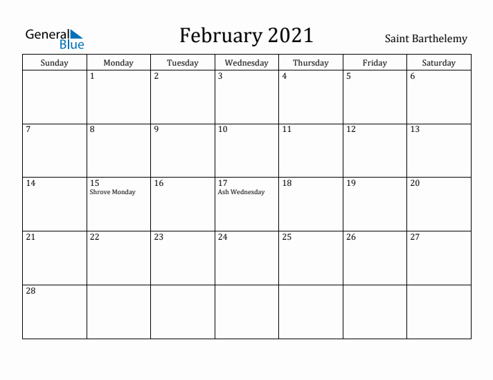 February 2021 Calendar Saint Barthelemy