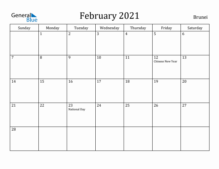 February 2021 Calendar Brunei