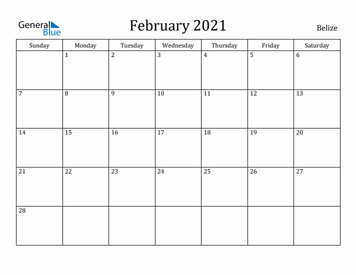 February 2021 Calendar Belize