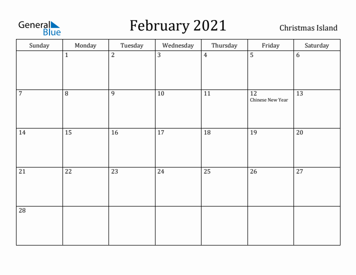 February 2021 Calendar Christmas Island