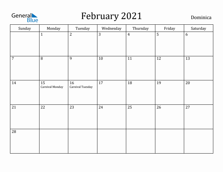 February 2021 Calendar Dominica