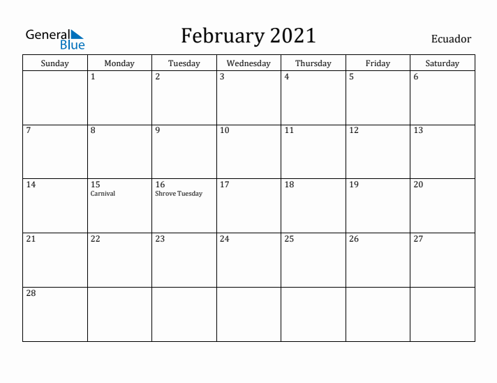 February 2021 Calendar Ecuador