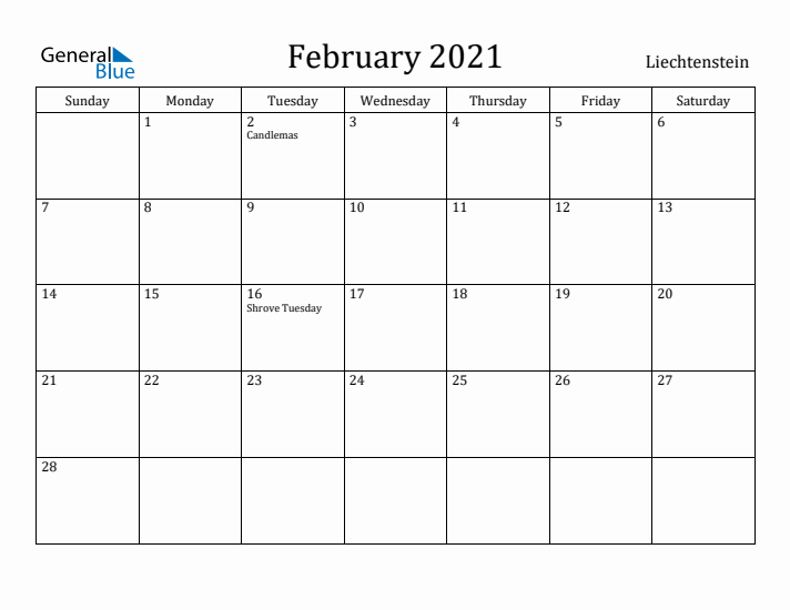 February 2021 Calendar Liechtenstein