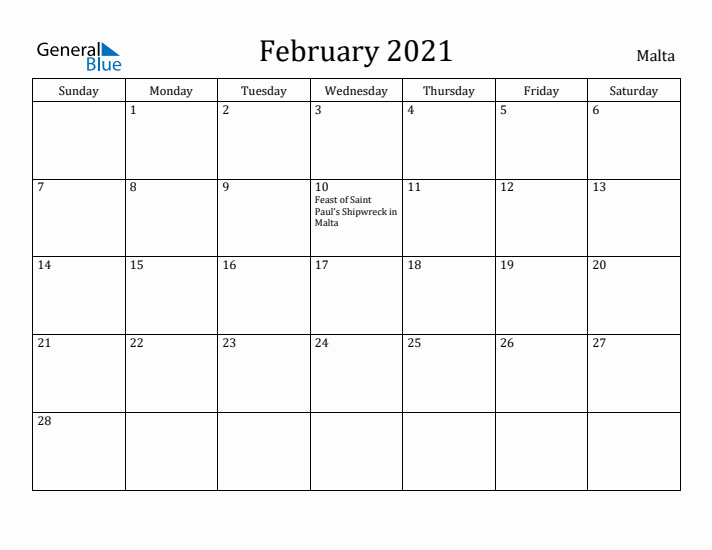 February 2021 Calendar Malta