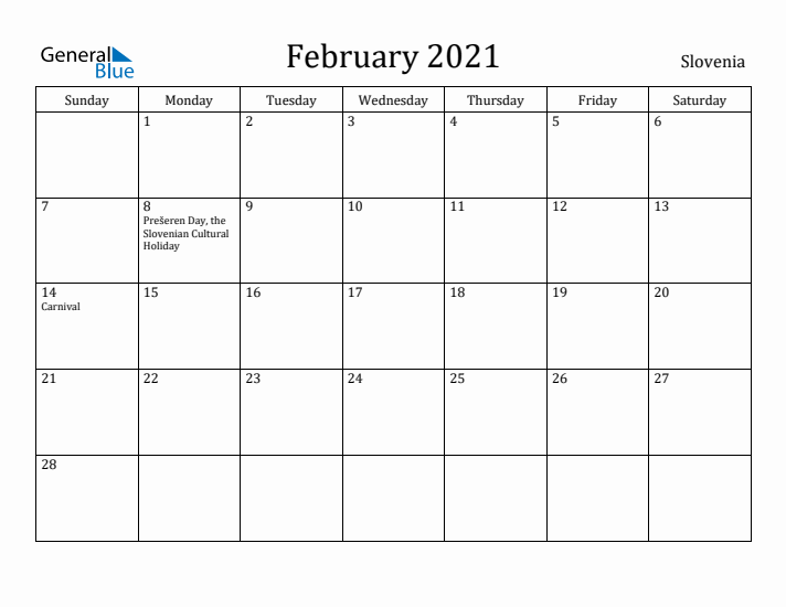 February 2021 Calendar Slovenia