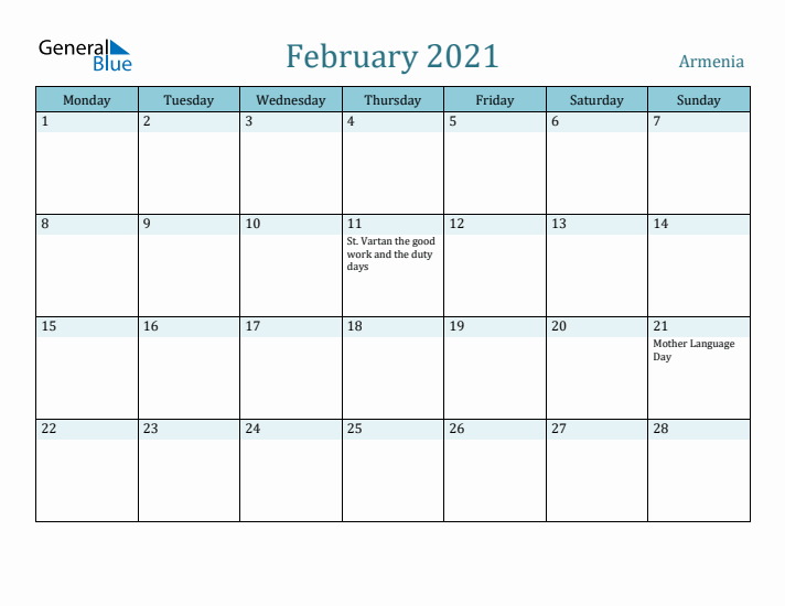 February 2021 Calendar with Holidays