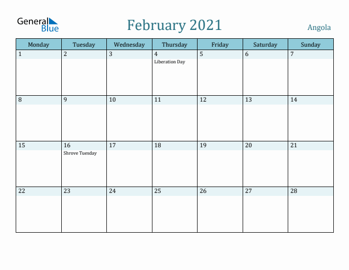 February 2021 Calendar with Holidays