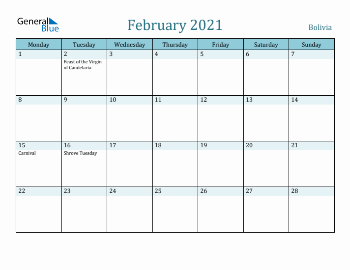 February 2021 Calendar with Holidays