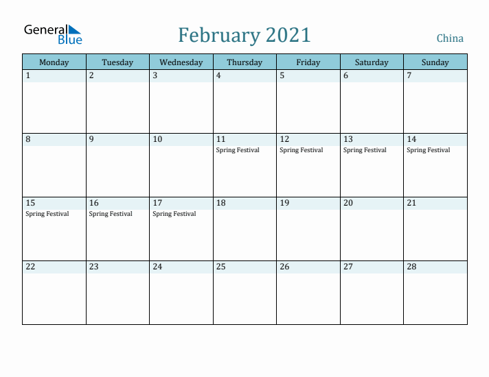 February 2021 Calendar with Holidays