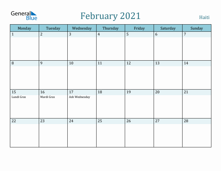 February 2021 Calendar with Holidays