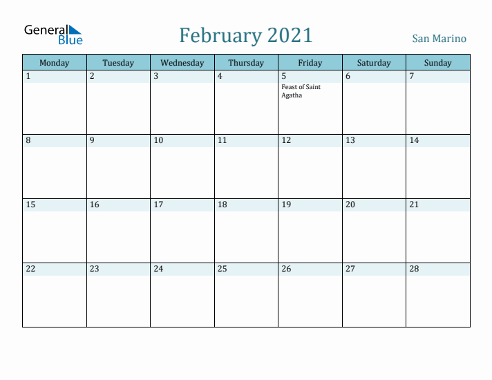 February 2021 Calendar with Holidays