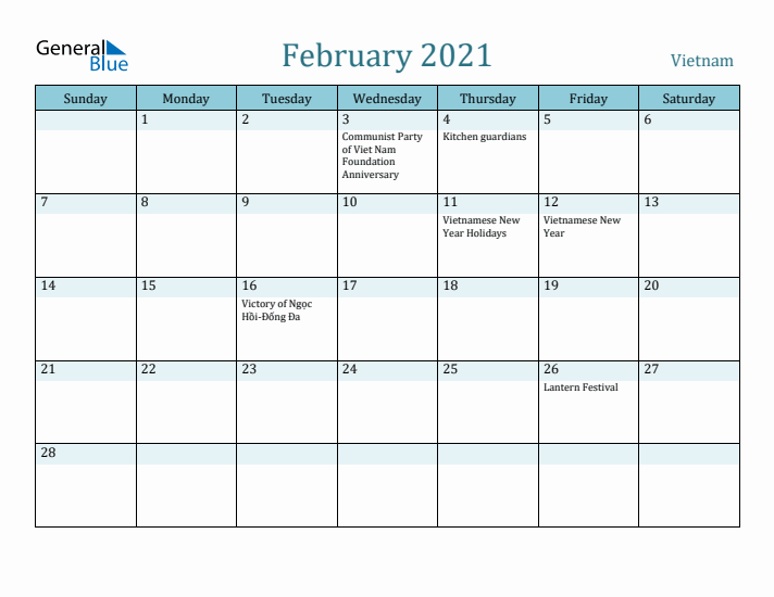 February 2021 Calendar with Holidays