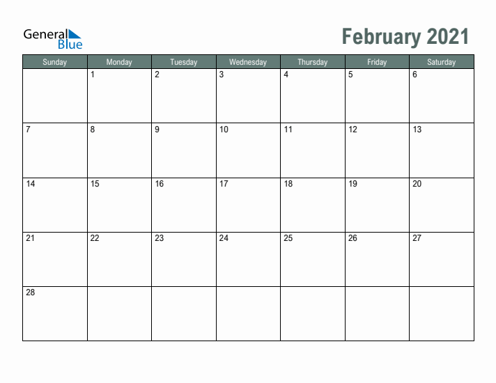 Free Printable February 2021 Calendar