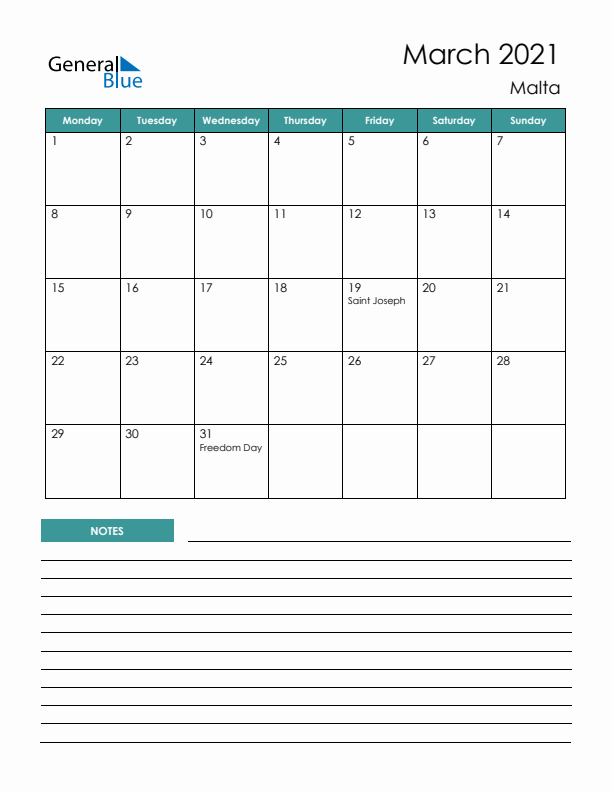 Calendar with Notes Printable - Monday Start