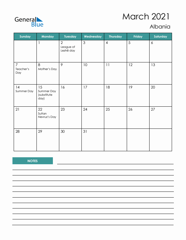 Calendar with Notes Printable - Sunday Start