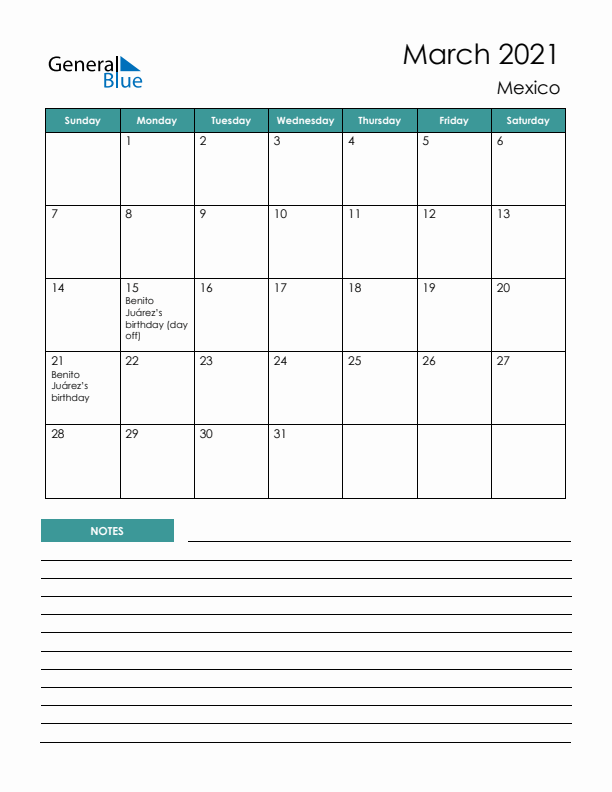 Calendar with Notes Printable - Sunday Start