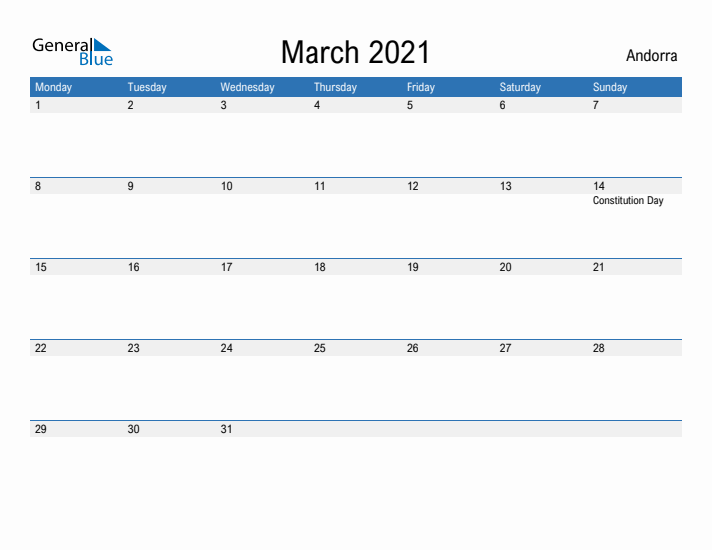 Fillable March 2021 Calendar