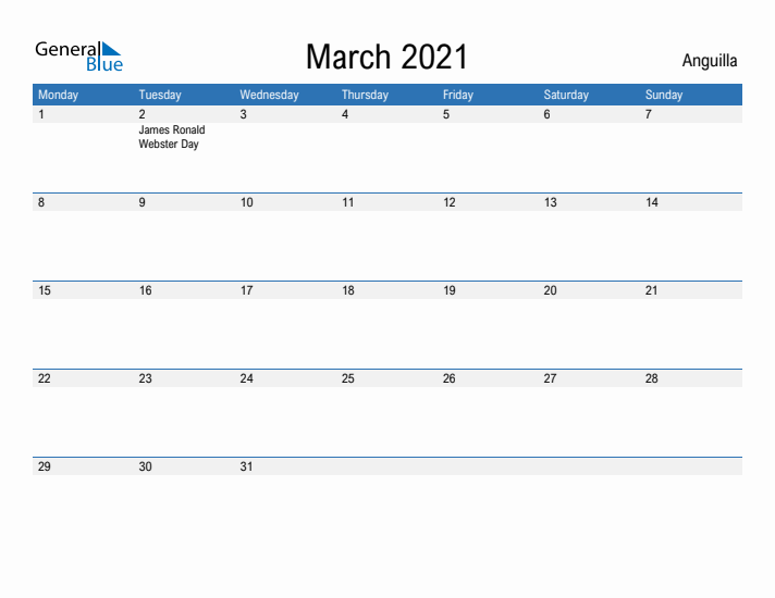 Fillable March 2021 Calendar