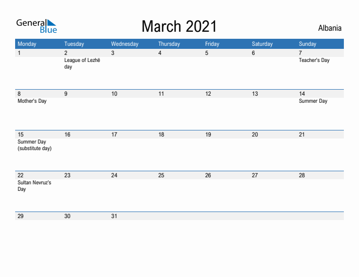 Fillable March 2021 Calendar