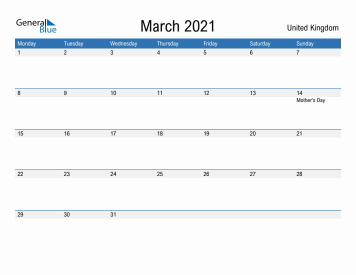 Fillable March 2021 Calendar