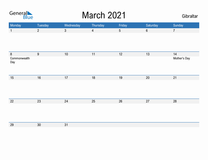 Fillable March 2021 Calendar