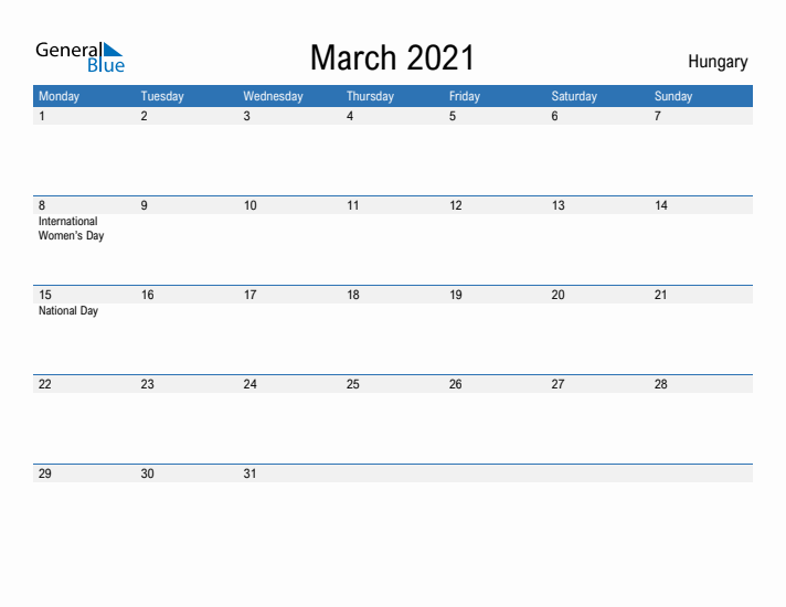 Fillable March 2021 Calendar