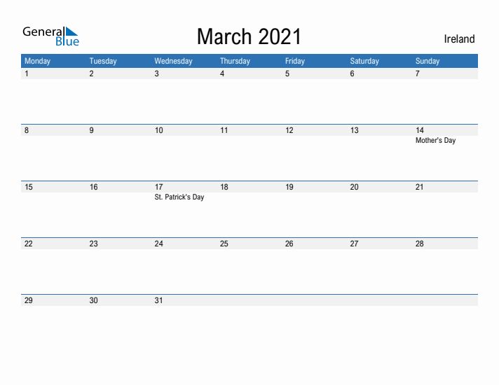 Fillable March 2021 Calendar