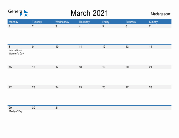 Fillable March 2021 Calendar