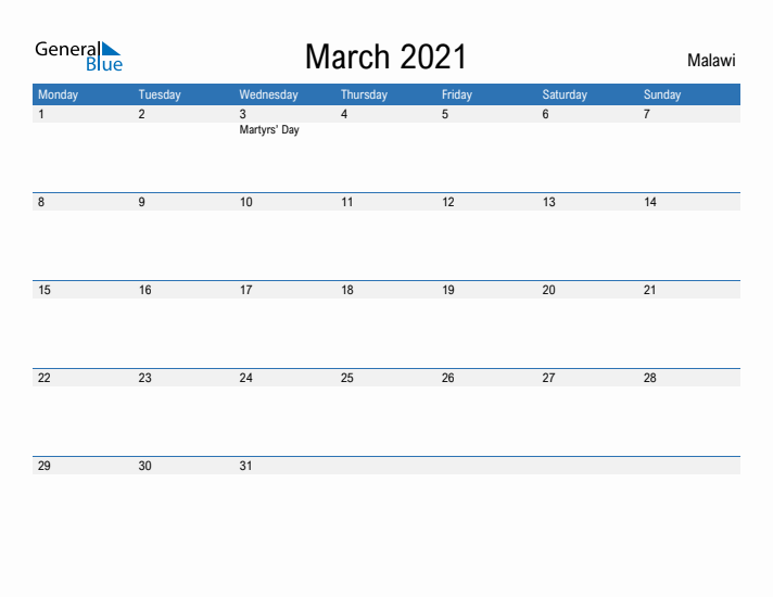 Fillable March 2021 Calendar