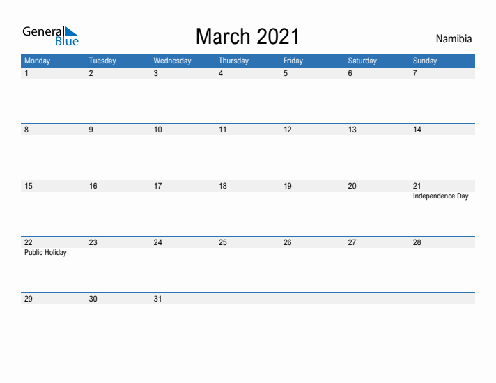 Fillable March 2021 Calendar