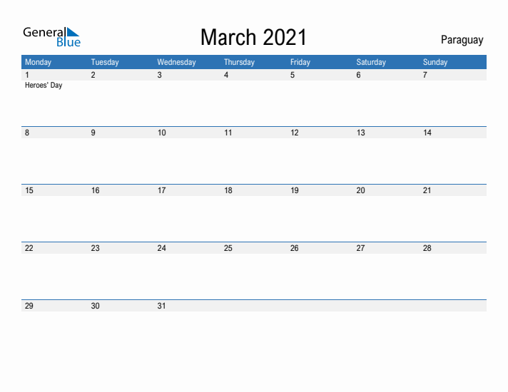 Fillable March 2021 Calendar