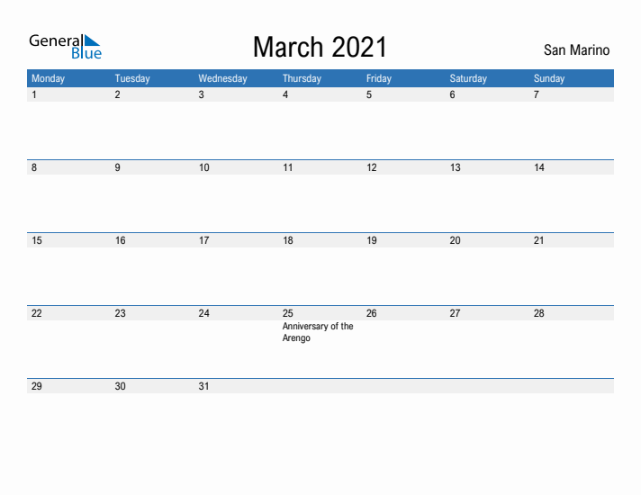 Fillable March 2021 Calendar