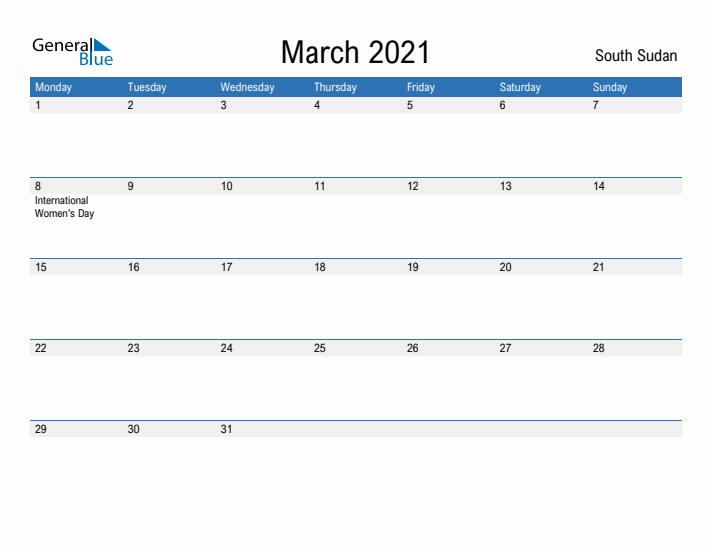 Fillable March 2021 Calendar