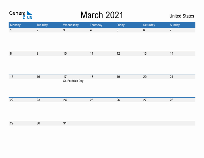 Fillable March 2021 Calendar