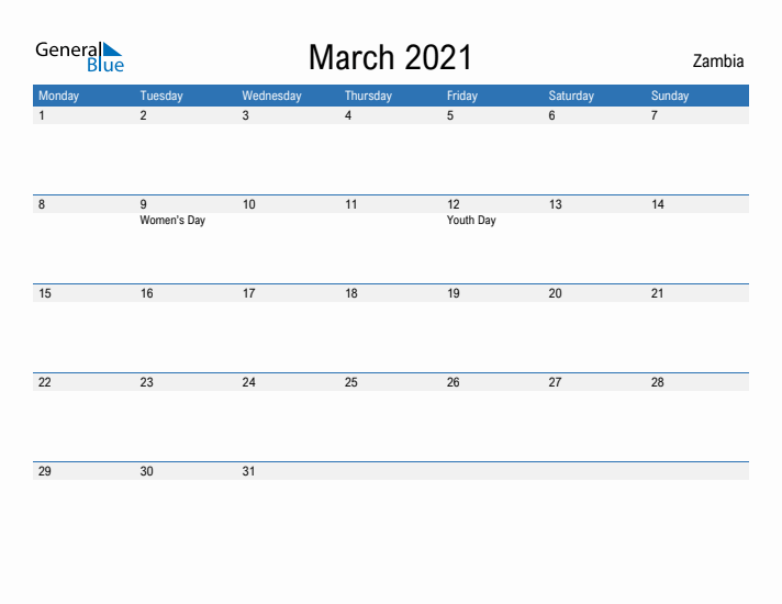 Fillable March 2021 Calendar