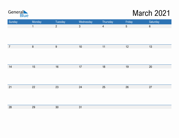 Fillable Calendar for March 2021