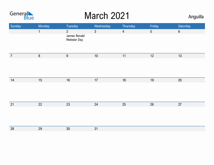 Fillable March 2021 Calendar