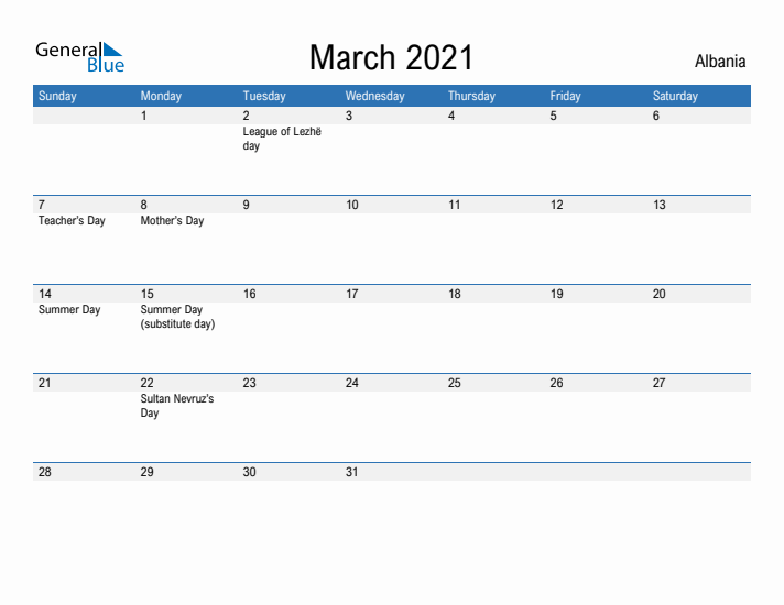 Fillable March 2021 Calendar