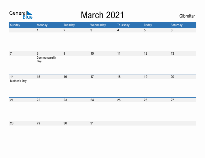 Fillable March 2021 Calendar