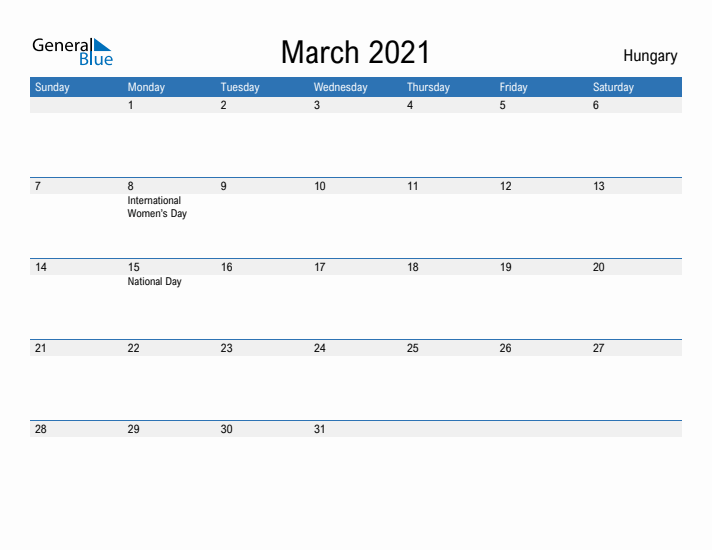 Fillable March 2021 Calendar