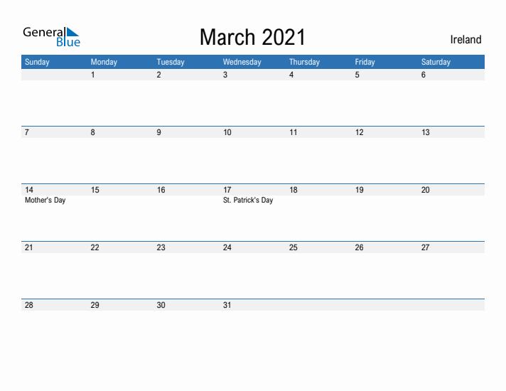 Fillable March 2021 Calendar