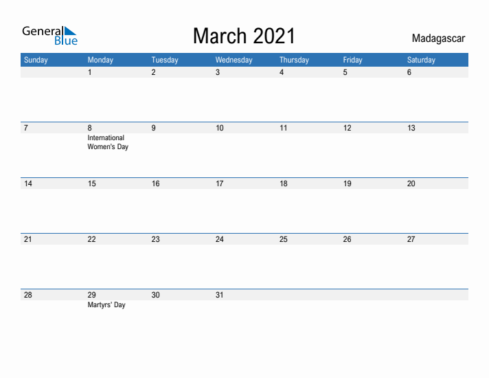 Fillable March 2021 Calendar