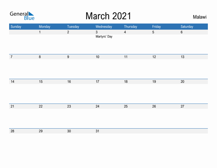 Fillable March 2021 Calendar