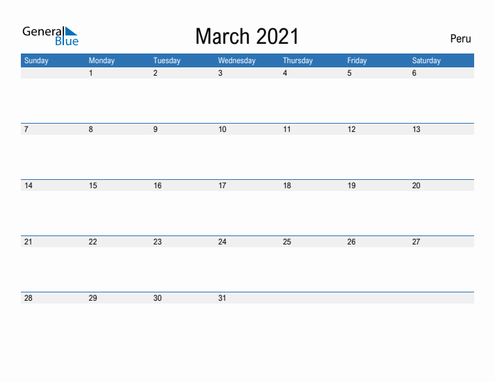 Fillable March 2021 Calendar