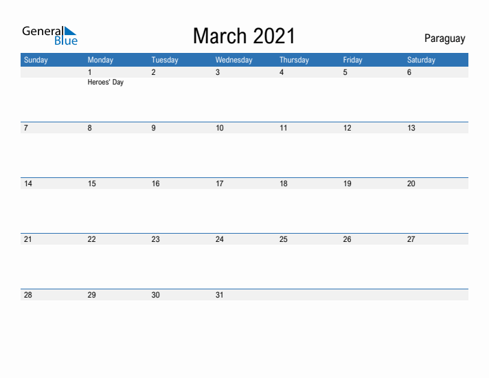 Fillable March 2021 Calendar